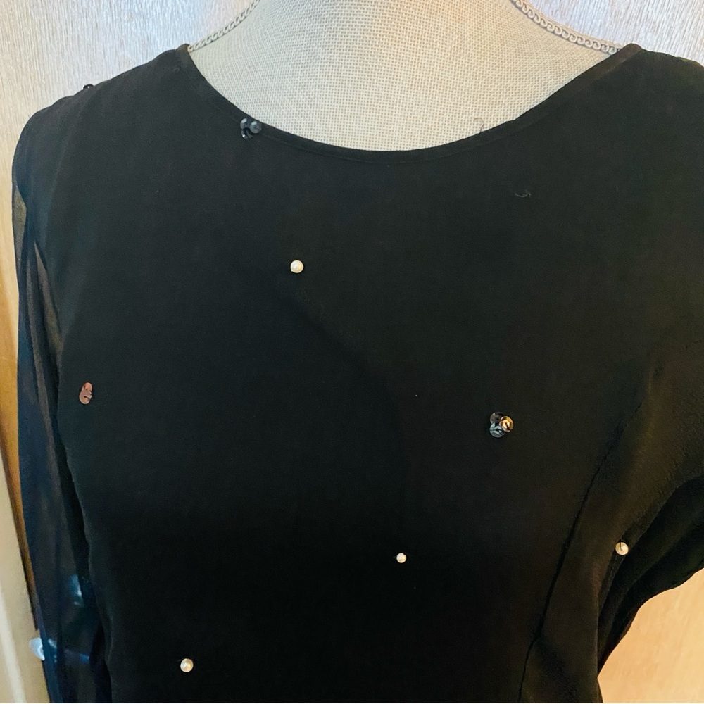Black Sheer Fitted Feminine Goddess Dress with Sequin & Pearl Accents - Picture 6 of 10